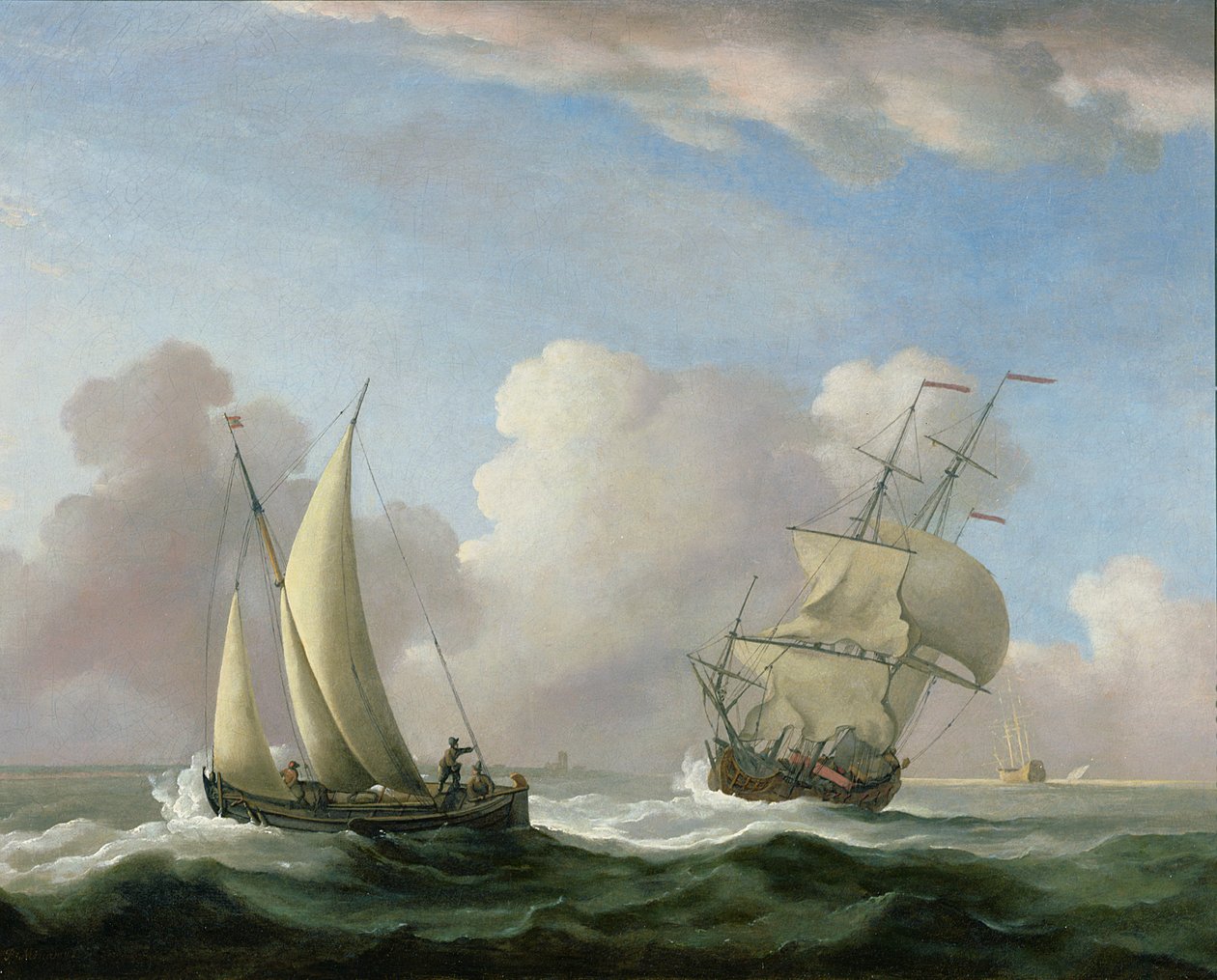 Ein Kriegsschiff in einer Dünung und ein Segelboot von Peter Monamy