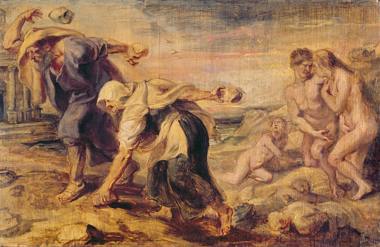 Deukalion und Pyrrha bevölkern die Welt neu, indem sie Steine hinter sich werfen, ca. 1636 von Peter Paul Rubens