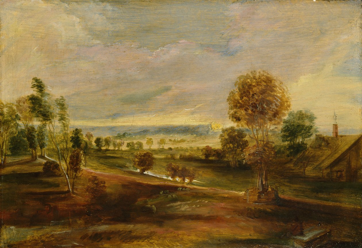 Landschaft mit Bauernhäusern: Sonnenuntergang, 17. Jahrhundert von Peter Paul Rubens