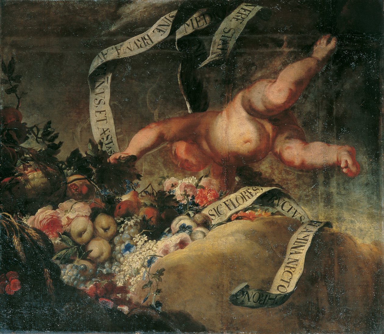 Putto mit Blumen, Früchten und Spruchband von Peter Strudel