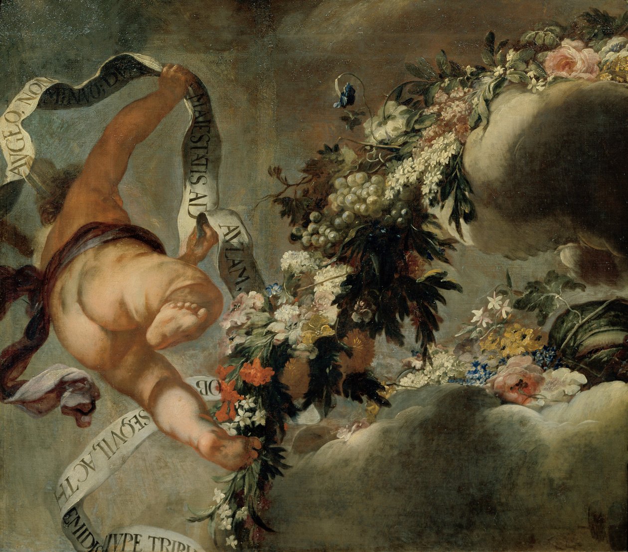 Putto mit Blumengewinde und Spruchband von Peter Strudel