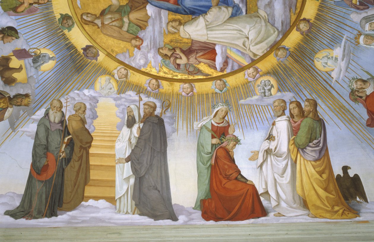 Gewölbe des Raumes von Dante (Detail): Dante, Beatrice, Kaiserin Konstanze, die Klarissin Piccarda Romeo von Villanova und Kaiser Justinian von Philipp Veit