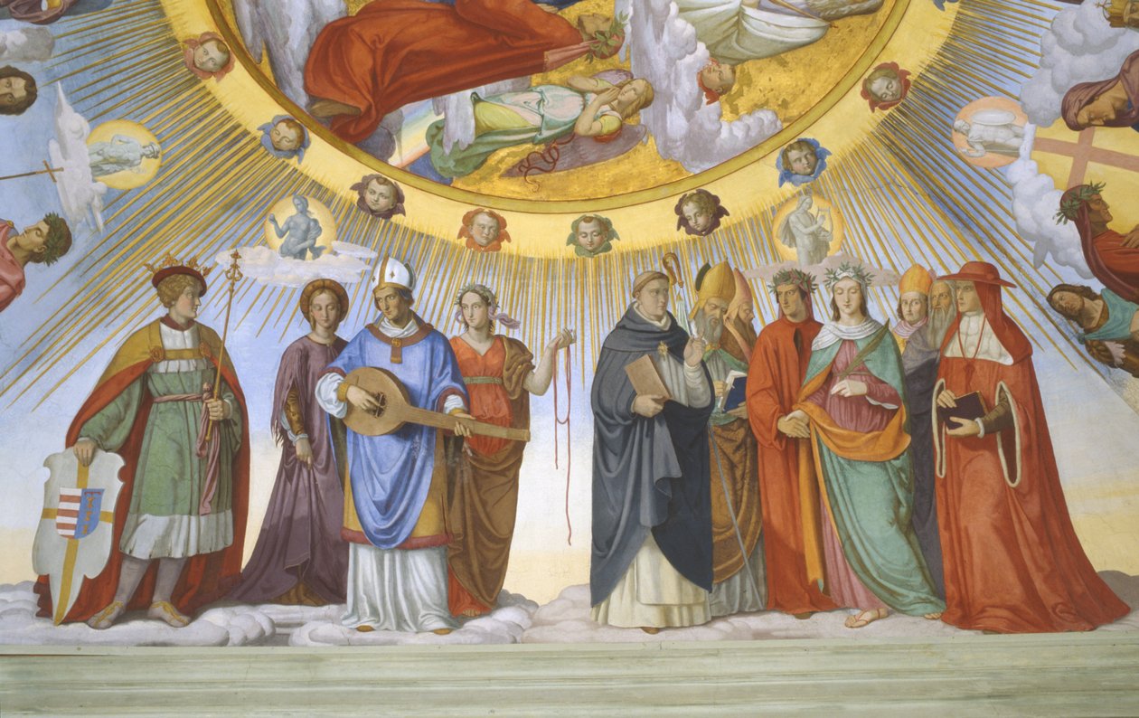 Gewölbe des Raumes von Dante (Detail): Dante, Beatrice, Kaiserin Konstanze, die Klarissin Piccarda Romeo von Villanova und Kaiser Justinian von Philipp Veit