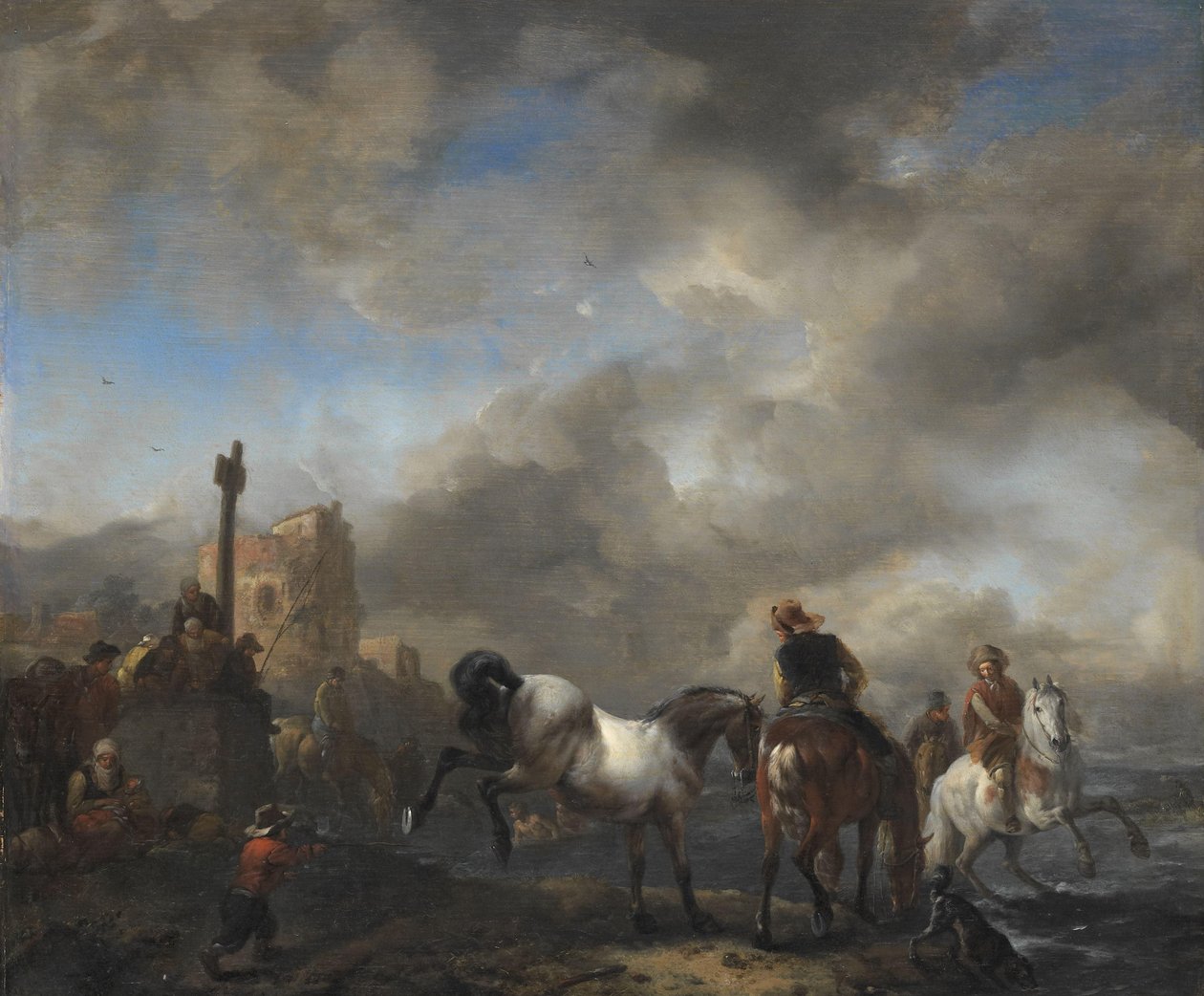Pferdeteich nahe einem Grenzstein von Philips Wouwerman