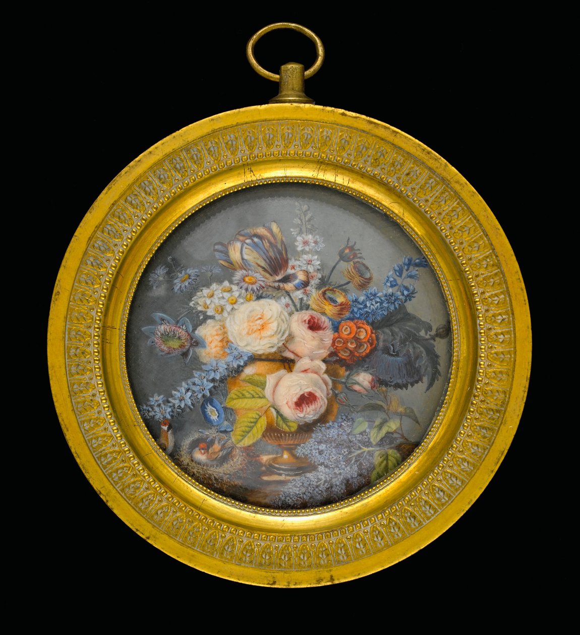 Gemischte Blumen in einer Terrakottavase, ein Fliederzweig und zwei Vögel (einer sitzt auf einem Nest) auf einer Marmorplatte von Pierre Antoine Poiteau