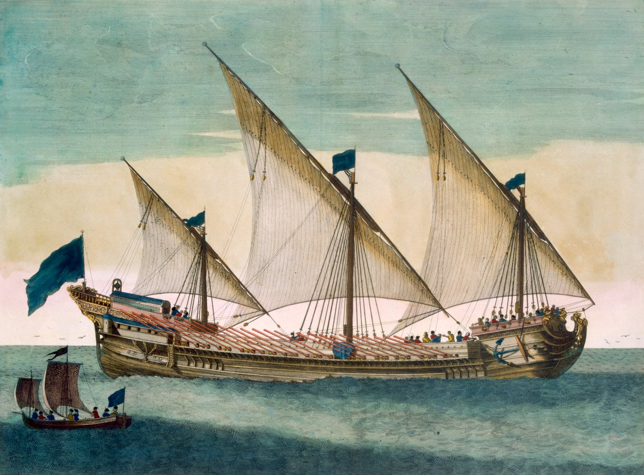 Eine dreimastige Galeasse unter Segeln, Ruder eingezogen, aus 