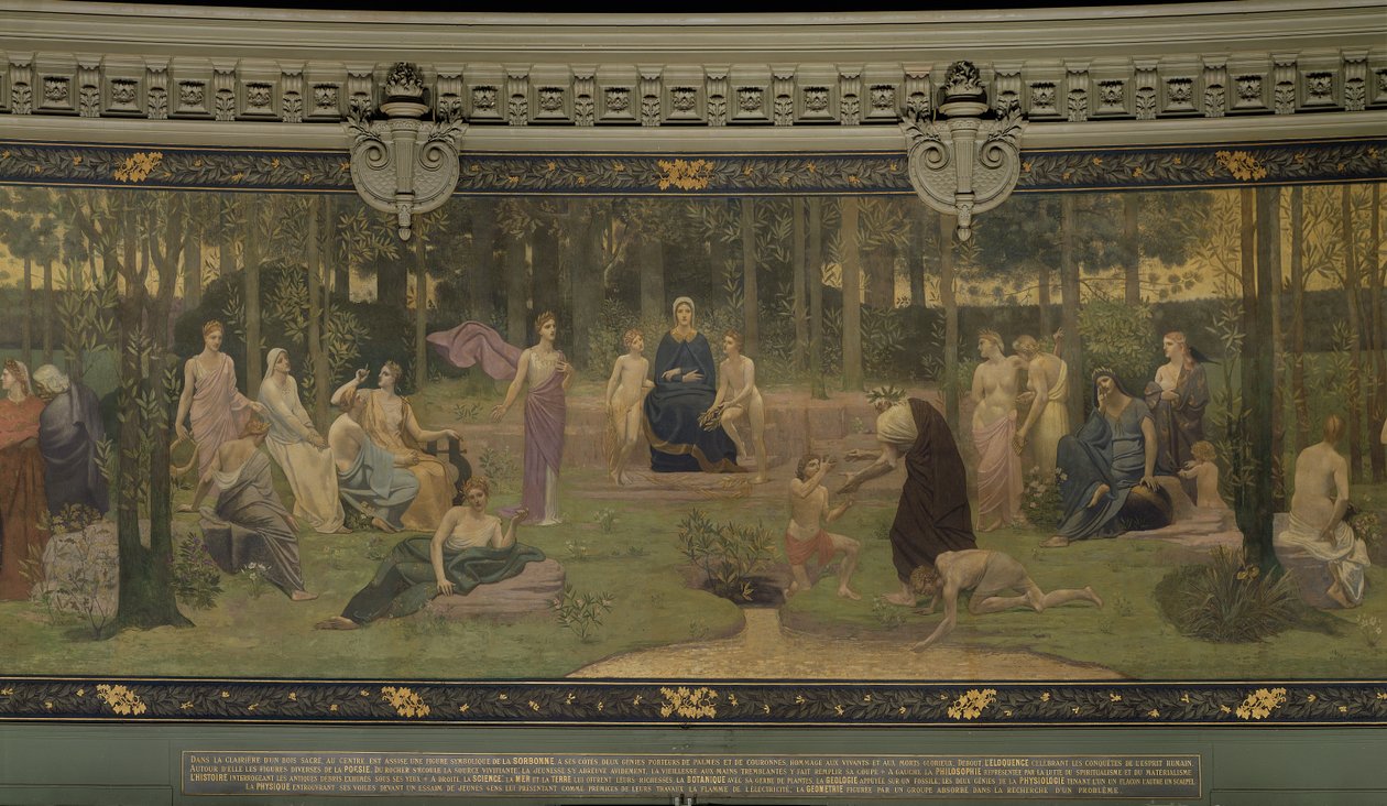 Der Heilige Wald, allegorisches Wandgemälde im Großen Amphitheater, zentrales Detail der Sorbonne, Eloquenz, Poesie, die lebensspendende Quelle und Wissenschaft, 1887-89 von Pierre Puvis de Chavannes