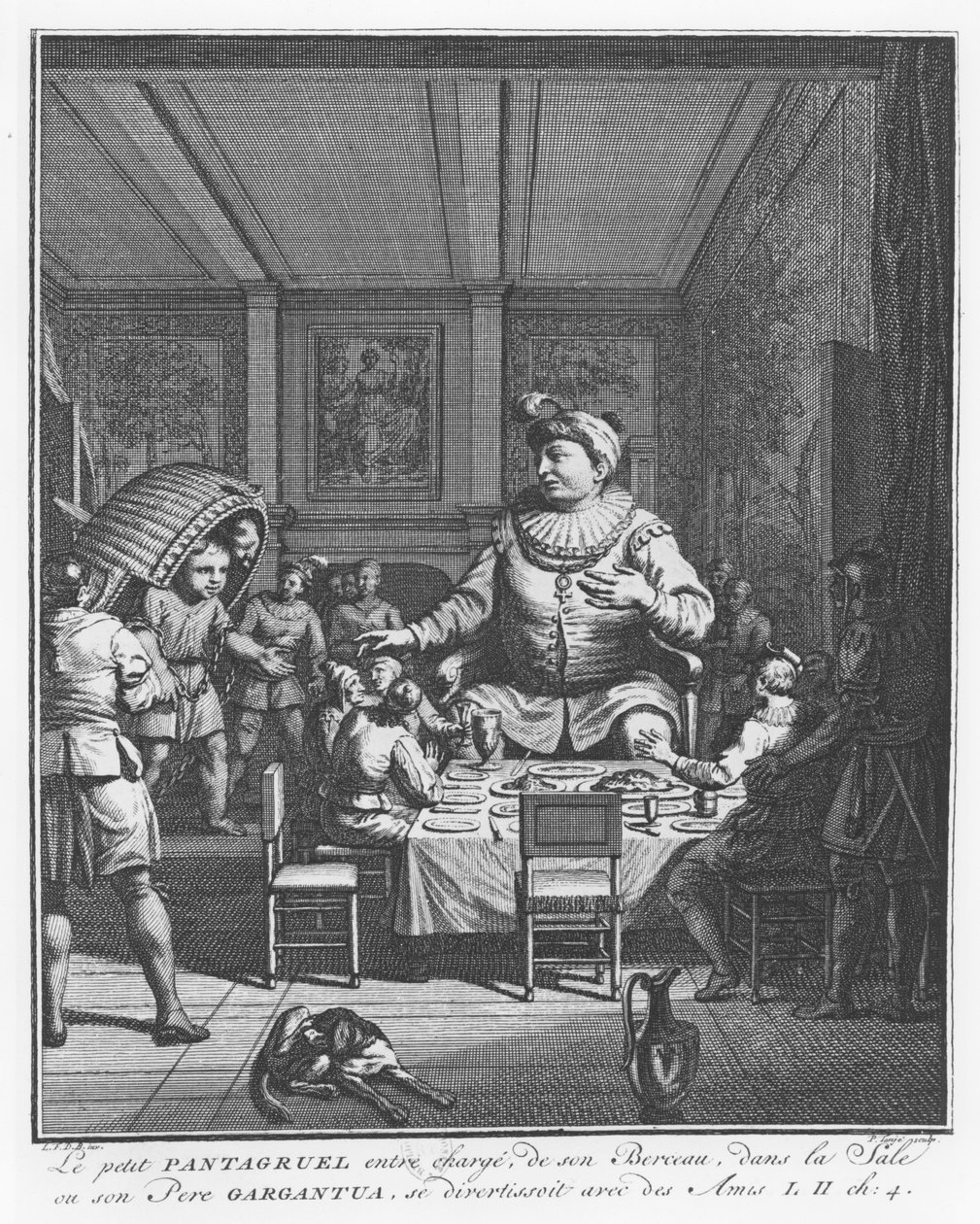 Gargantua sieht seinen Sohn Pantagruel, der seine Wiege trägt, Illustration aus 