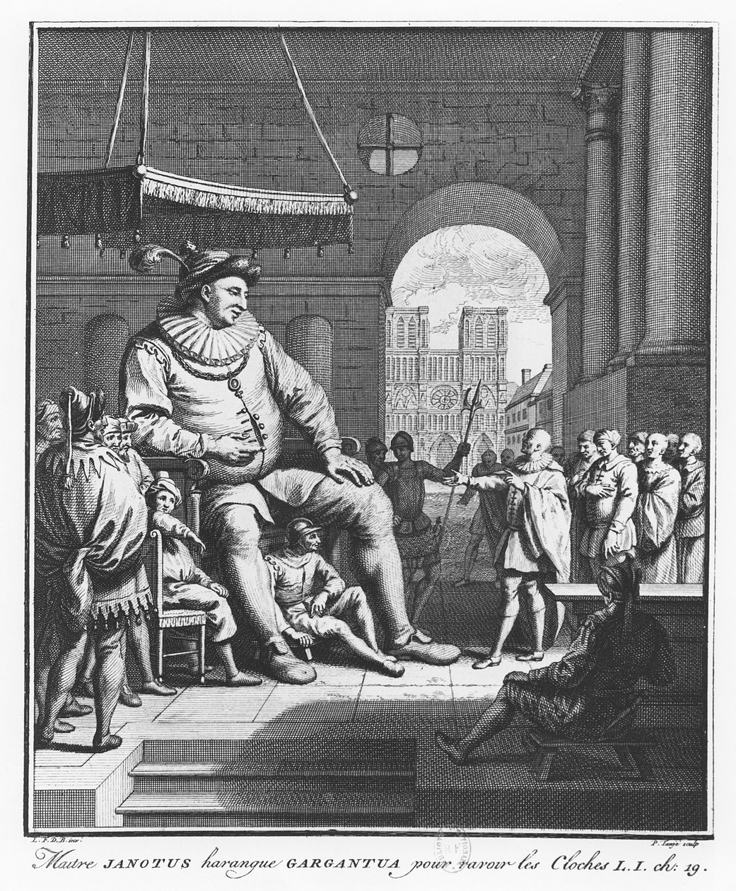 Meister Janotus hält Gargantua eine Rede, um die Glocken zurückzugeben, Illustration aus 