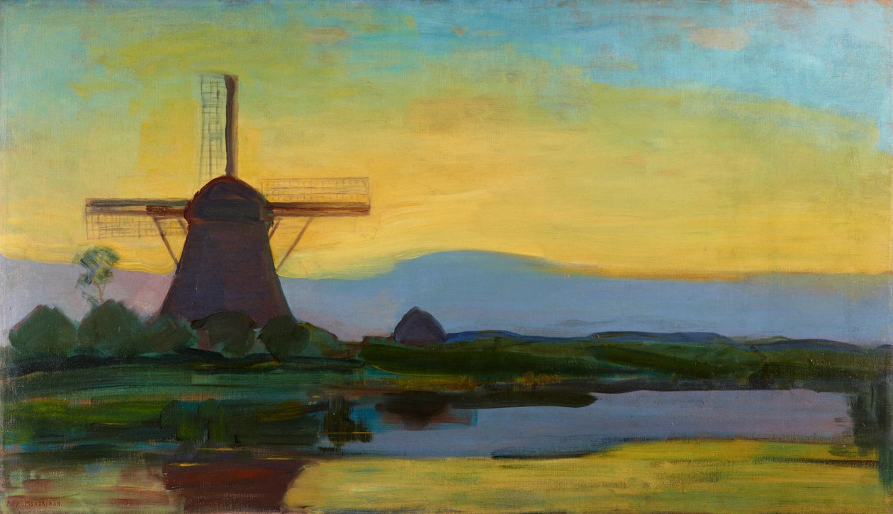 Oostzijdse Mühle mit erweitertem blauem, gelbem und violettem Himmel, ca. 1907-Anfang 1908 von Piet Mondrian
