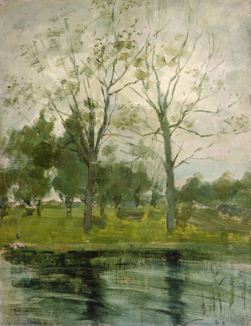Zwei Bäume hinter einem Wasserlauf silhouettiert von Piet Mondrian