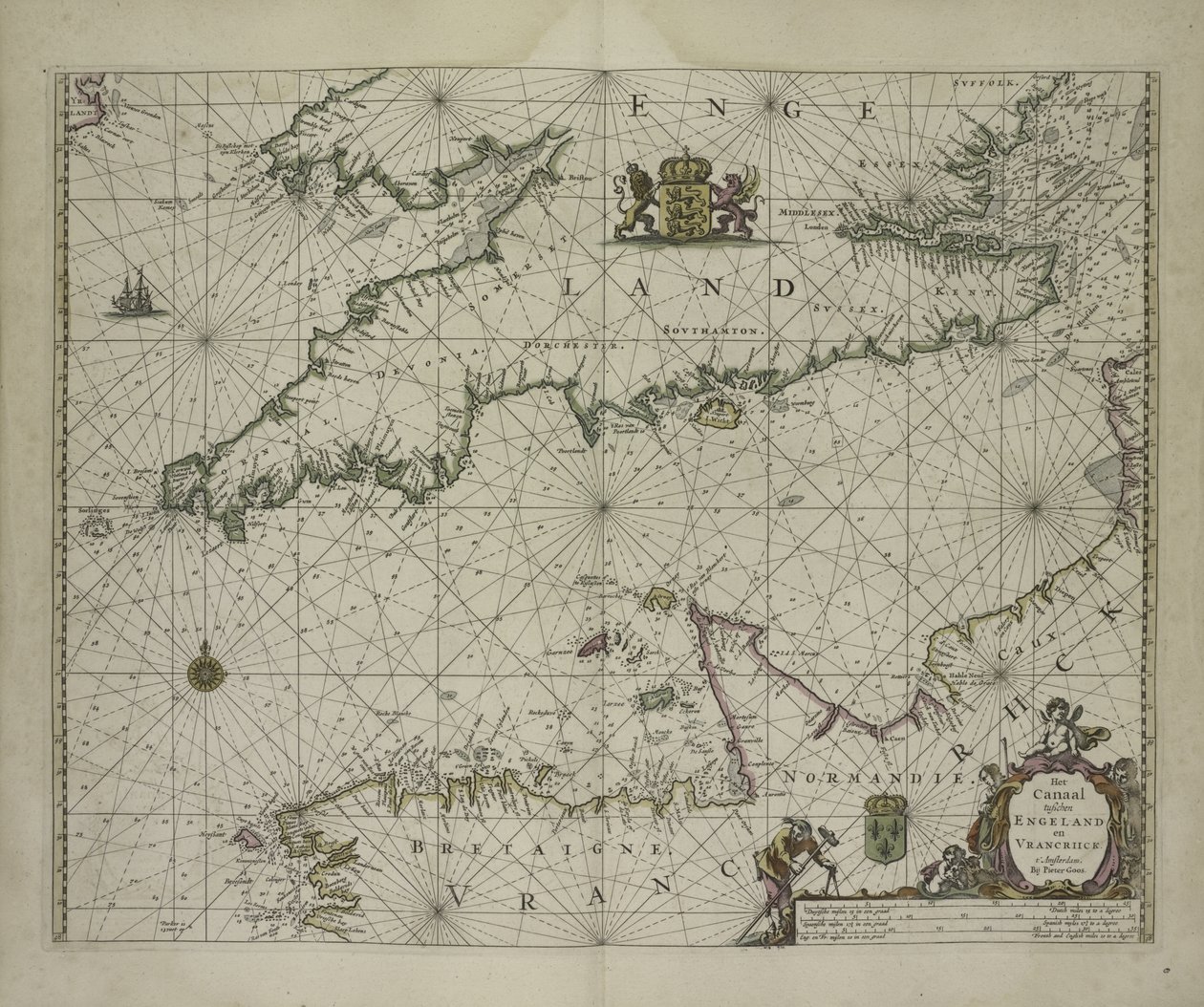 Antike Karte des Kanals, 1666 (Farbstich) von Pieter Goos