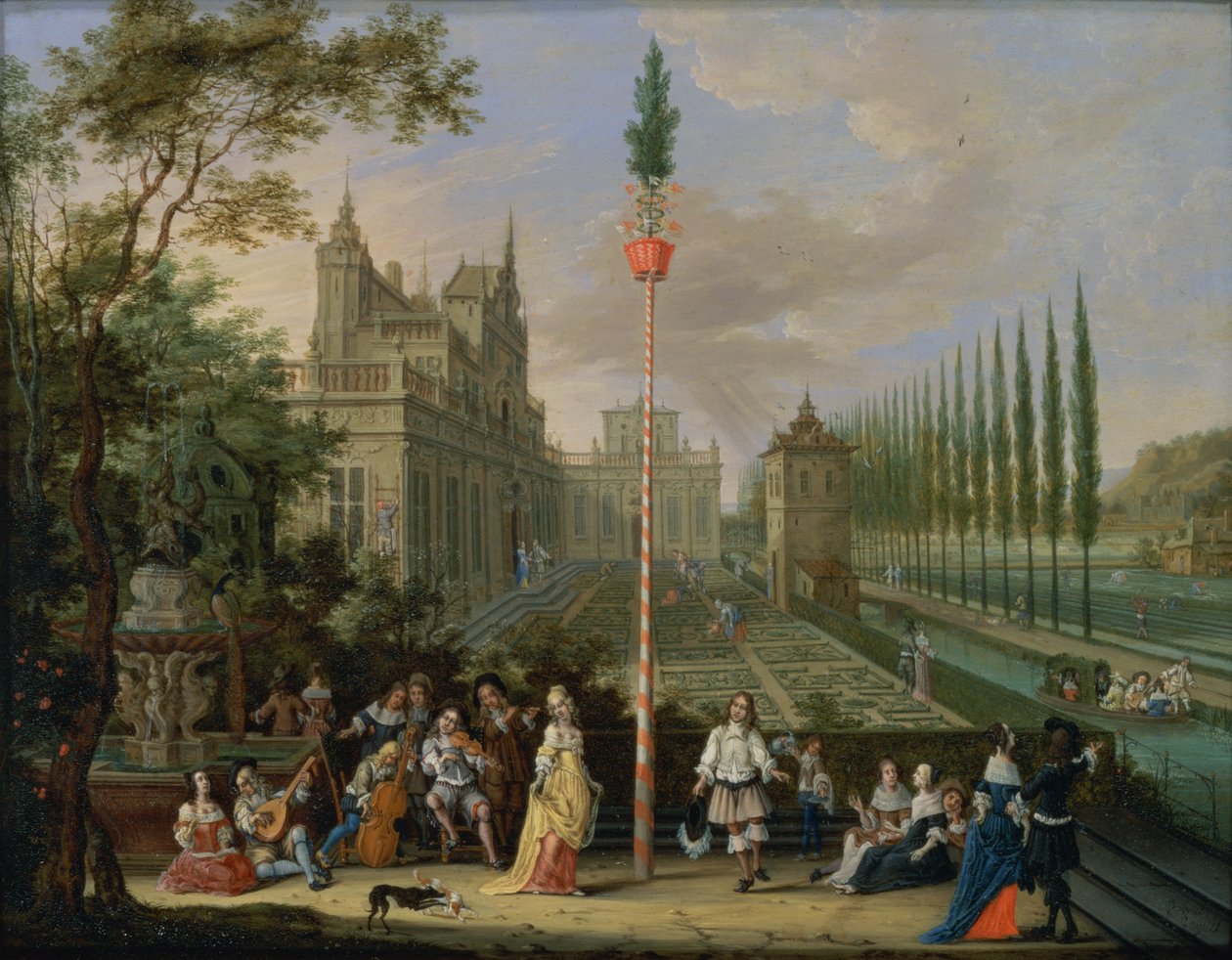 Elegante Figuren spielen Musikinstrumente um einen Maibaum von Peeter Gijsels