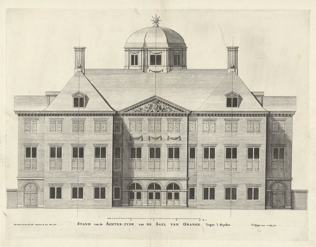 Rückseite des Palastes Huis ten Bosch, Holland, Pieter Nolpe nach Pieter Jansz. Post, Radierung 294 mm × 387 mm, 1655 von Pieter Nolpe