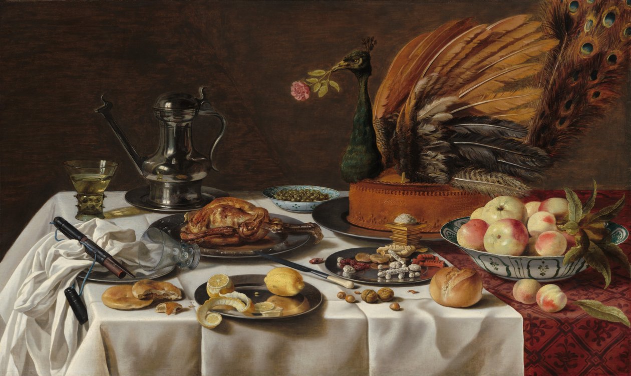 Stillleben mit Pfauenkuchen von Pieter Claesz