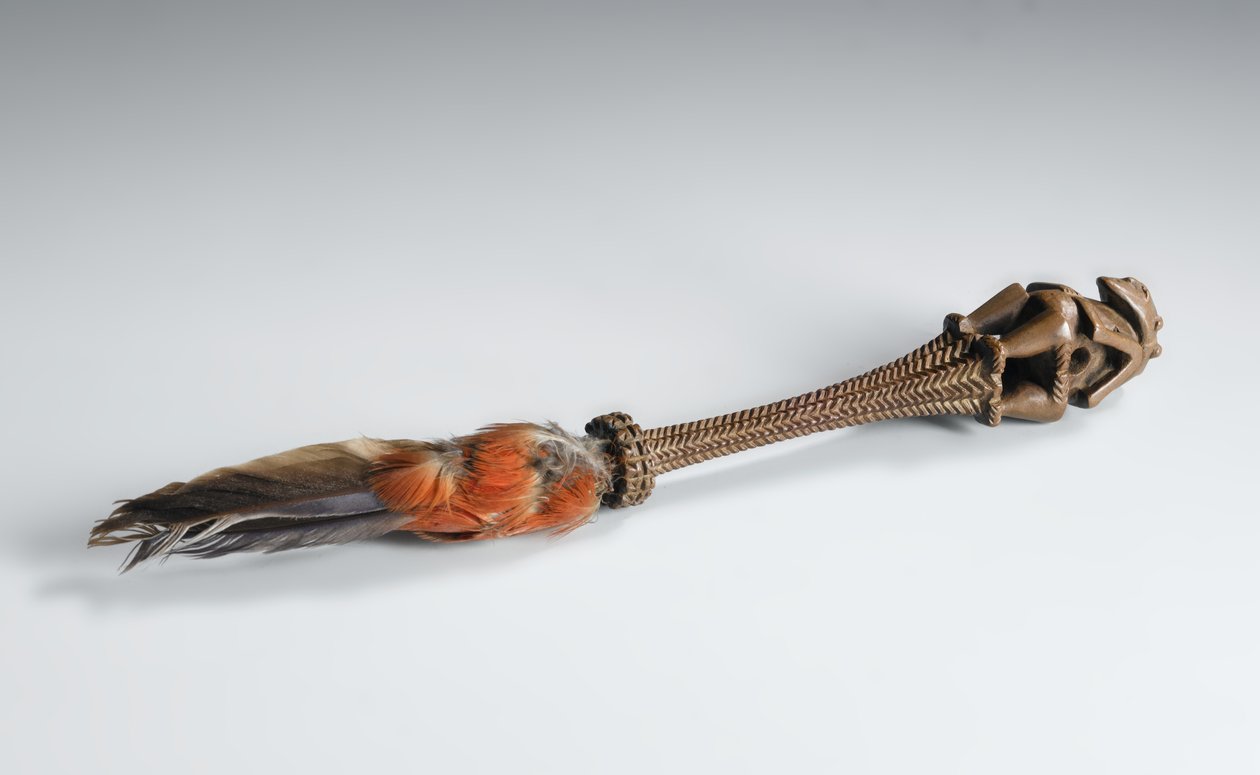 Fliegenwedelgriff, mit gekerbtem achteckigem Griff, der in einer geschnitzten bifrontalen Figur eines Gottes endet, Gesellschaftsinseln, Tahiti von Polynesian