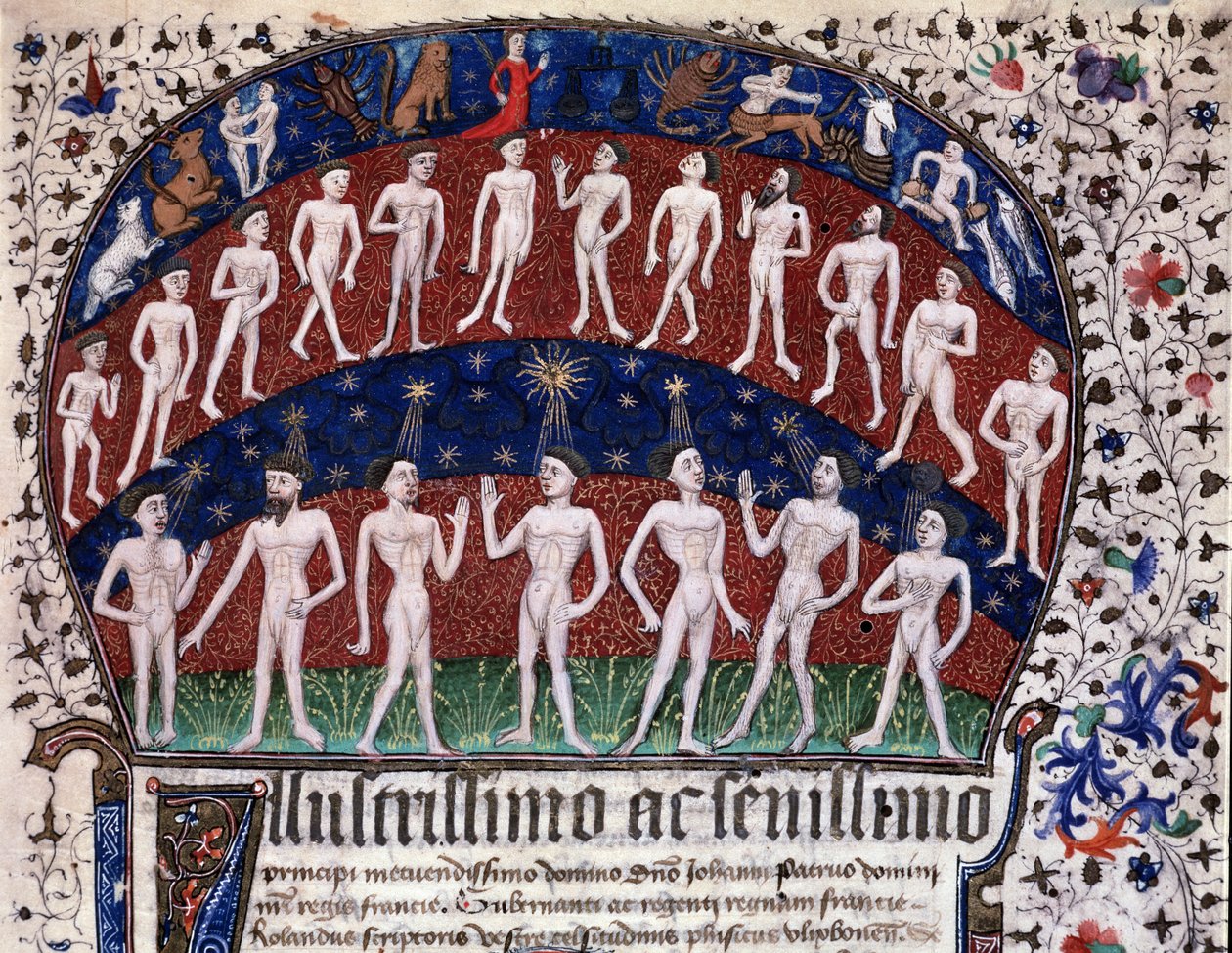 Lissabon, MS 52-XIII-18 f.1r, Miniatur, die die Korrespondenzen zwischen den Organen und den Planeten und den Einfluss der Sterne auf die Stimmungen darstellt, aus "Physionomia Rolandi Ulixbonensis" von Rolandus Scriptoris von Portuguese School