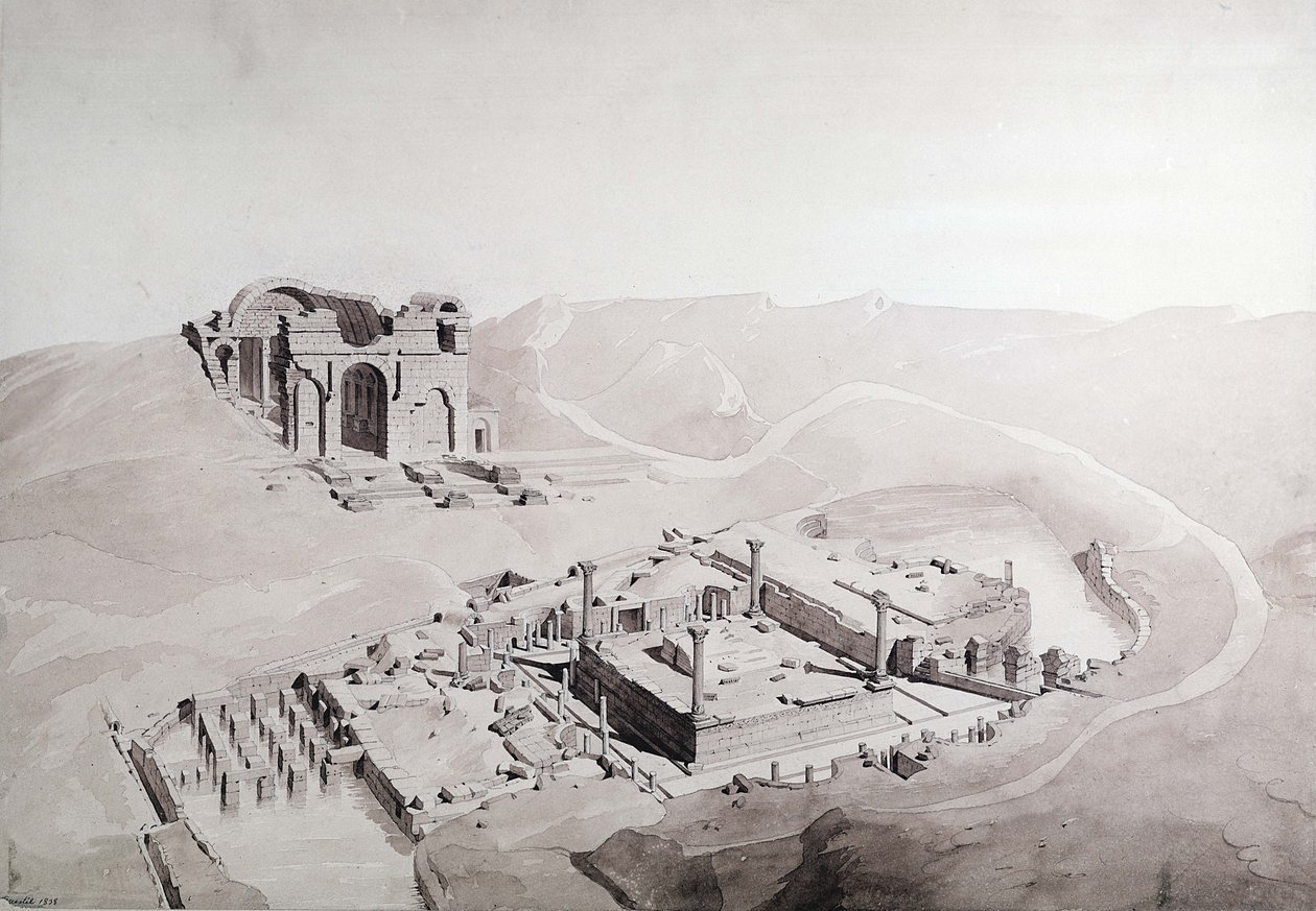 Thermen und Nymphaeum von Nimes, 1838 (Aquarell auf Papier) von Questel