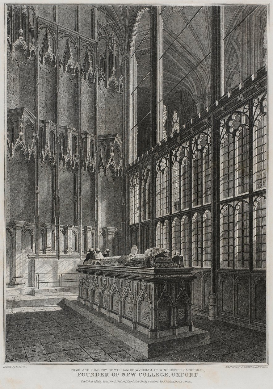 Grab und Kapelle von William Wykeham in der Kathedrale von Winchester, graviert von J. Skelton und H. Winkles, 1828 von R. Essex