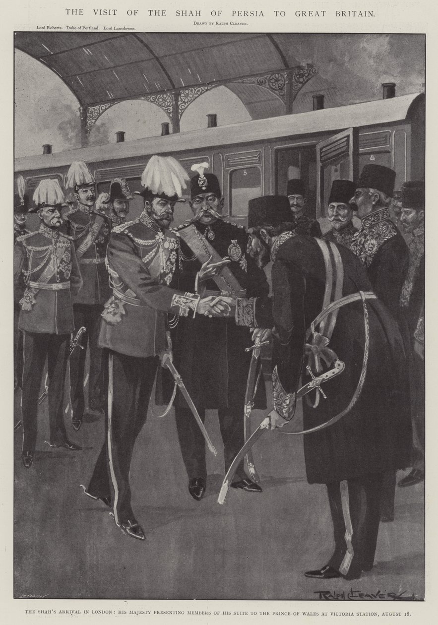 Der Besuch des Schahs von Persien in Großbritannien, die Ankunft des Schahs in London, Seine Majestät stellt Mitglieder seiner Suite dem Prinzen von Wales am Victoria-Bahnhof vor, 18. August von Ralph Cleaver