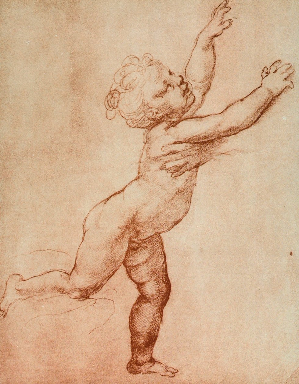 Zeichnung eines nach rechts laufenden Babys, wo anscheinend eine Person auf ihn wartet, von der man nur eine Hand sehen kann. Werk von Raffaello in den Uffizien im Raum der Zeichnungen und Drucke, Florenz von Raffaello Sanzio Raphael