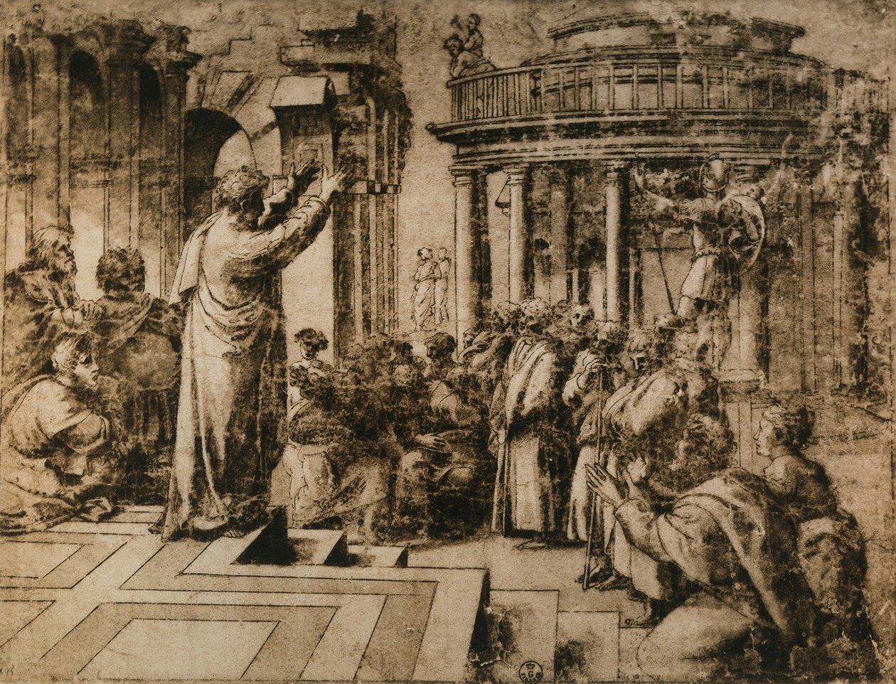 St. Paulus predigt in Athen; Zeichnung aus der Schule von Raphael. Gabinetto dei Disegni e delle Stampe, Uffizien, Florenz von School of Raphael