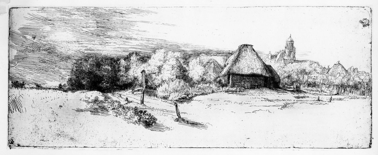 Landschaft mit einem Turm, ca. 1651 von Rembrandt van Rijn