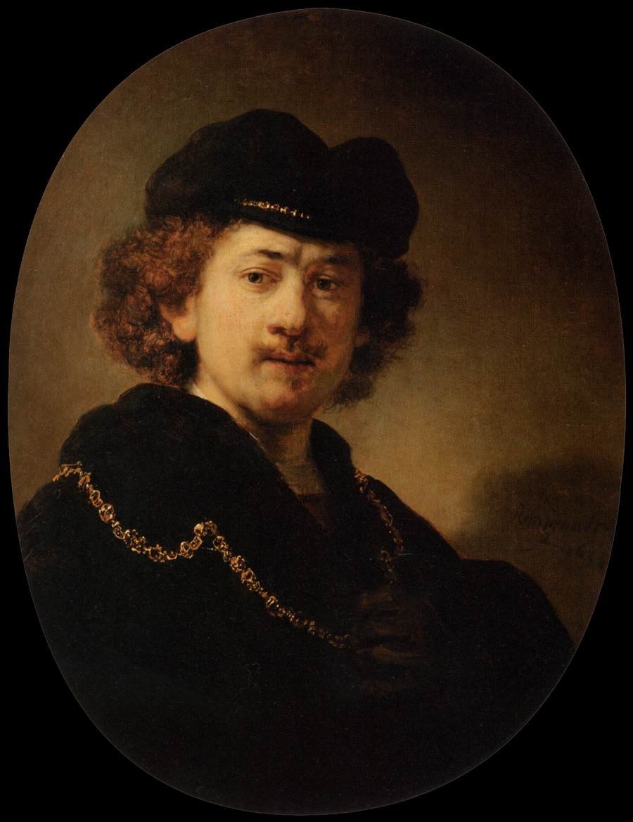 Selbstporträt mit Toque und Goldkette von Rembrandt van Rijn