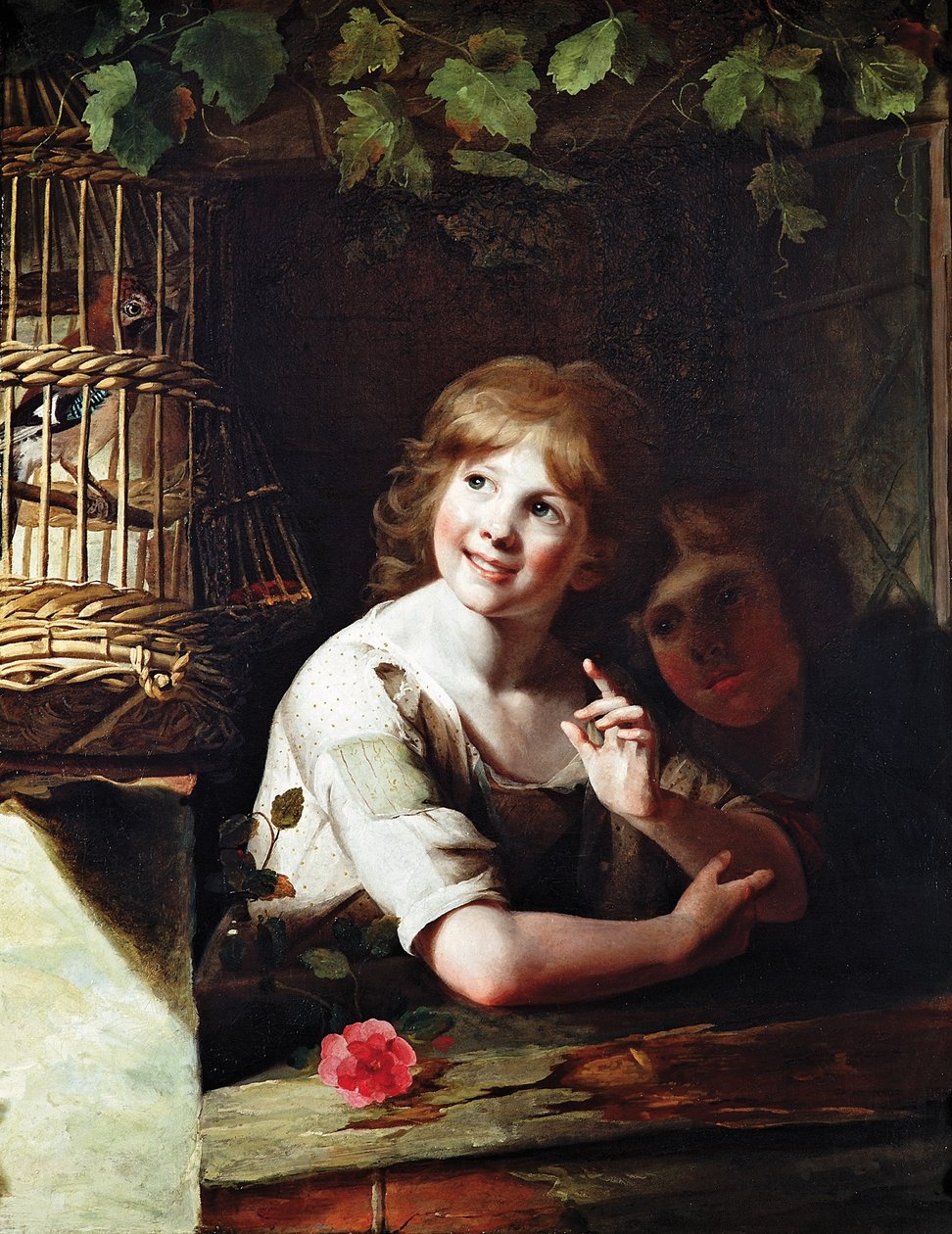 Zwei Mädchen mit einem Eichelhäher in einem Käfig von Rev. Matthew William Peters