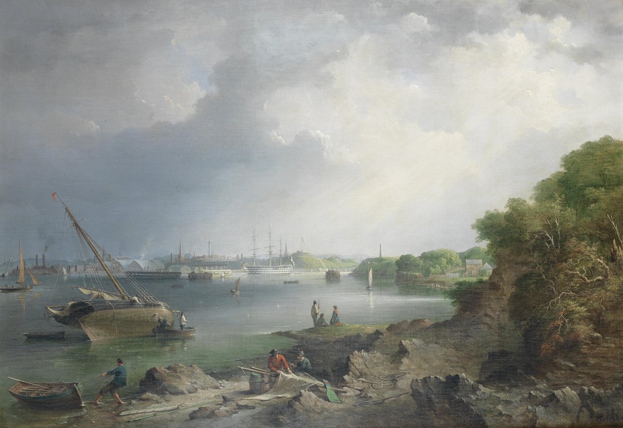 Ein Blick über den Hamoaze auf die überdachten Slipanlagen und Gebäude der Marinewerft in Devonport von Richard Brydges Beechey