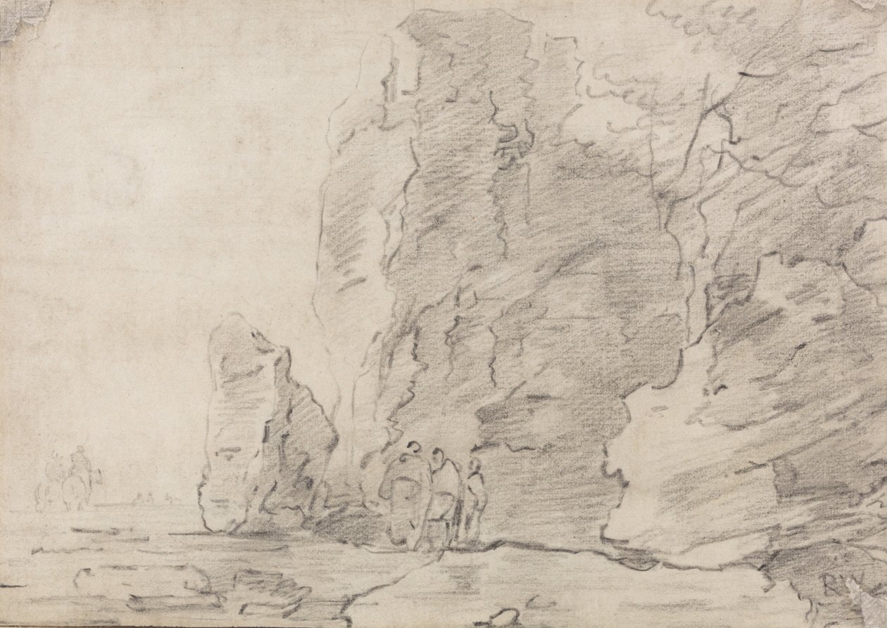Drei Figuren, die an felsigen Klippen stehen, zwei Reiter in der Ferne links von Richard Wilson