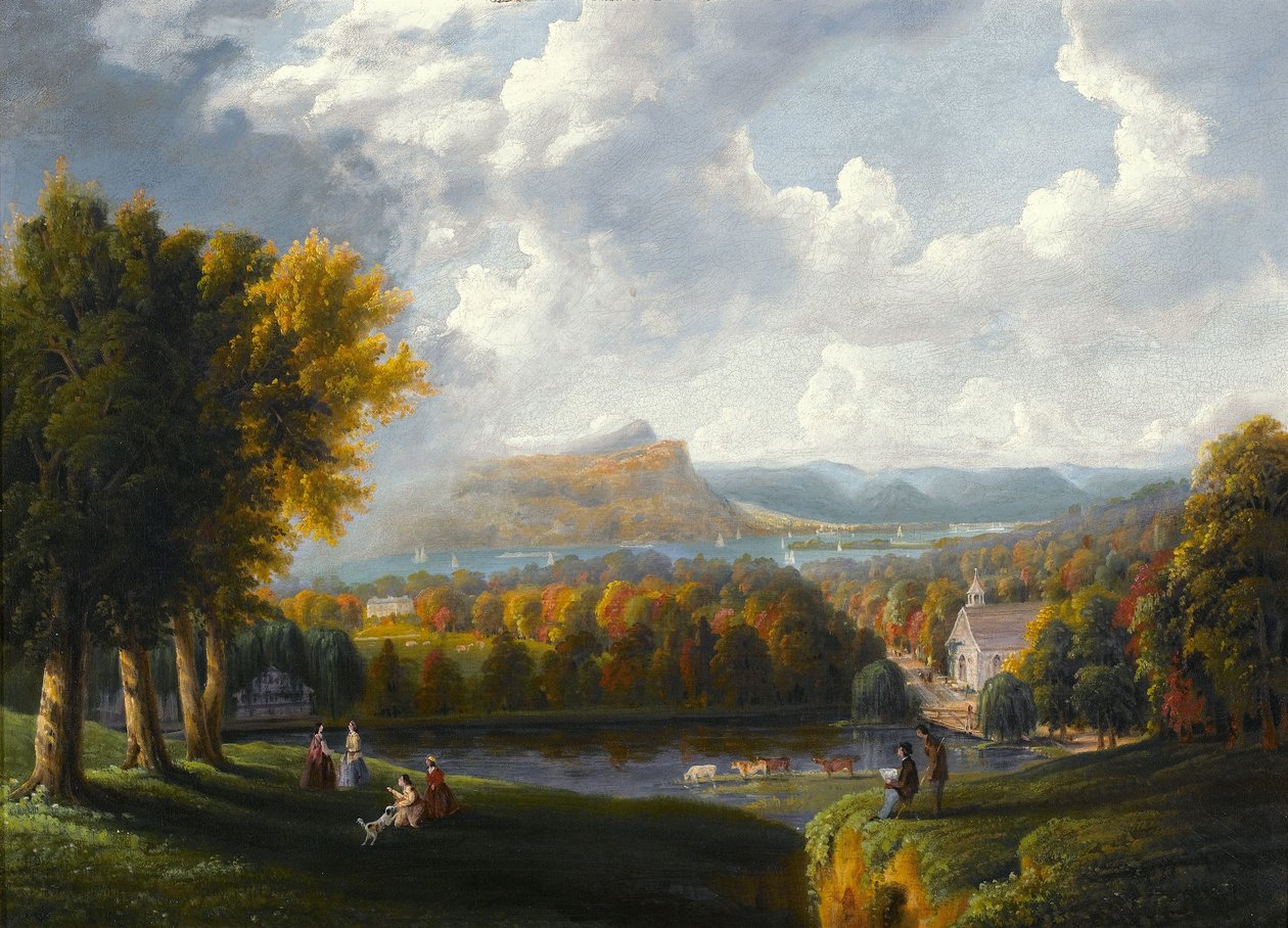 Blick auf den Hudson River von Tarrytown, Alte Niederländische Kirche, Beekman Manor House von Robert the Younger Havell