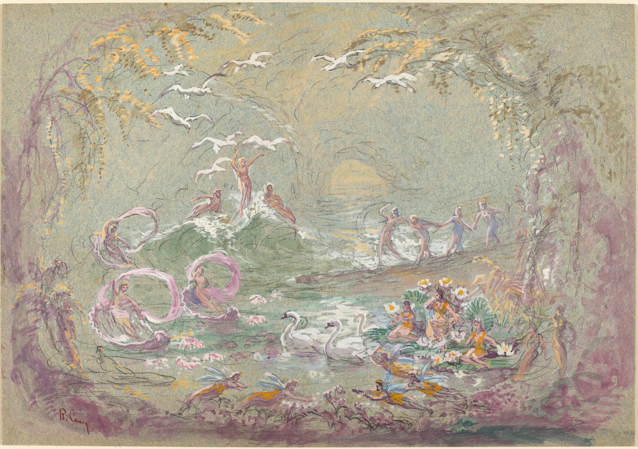Seeszene mit Feen und Schwänen (Aquarell und Gouache über schwarzer Kreide auf blau-grünem Karton) von Robert Caney