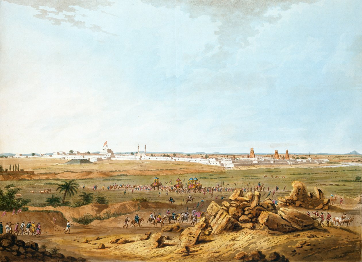 Ostansicht von Seringapatam am 15. Mai 1791, Illustration aus Zwölf Ansichten von Mysore, dem Land von Tippoo Sultan, graviert und koloriert von J.W. Edy, veröffentlicht 1804 von Robert H. Colebrooke