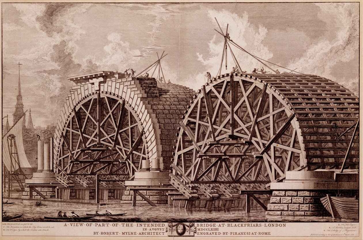 Ansicht eines Teils der geplanten Brücke bei Blackfriars London, Druck von Piranesi, 1764 von Robert Milne
