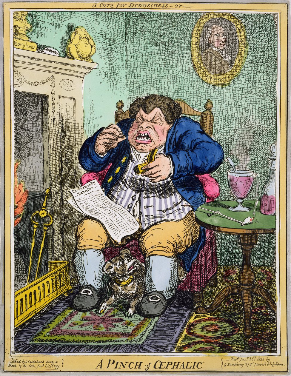 Ein Heilmittel gegen Schläfrigkeit oder eine Prise Cephalic, graviert von George Cruikshank (1792-1878), veröffentlicht von G. Humphrey, 25. Januar 1822 von Robert Seymour