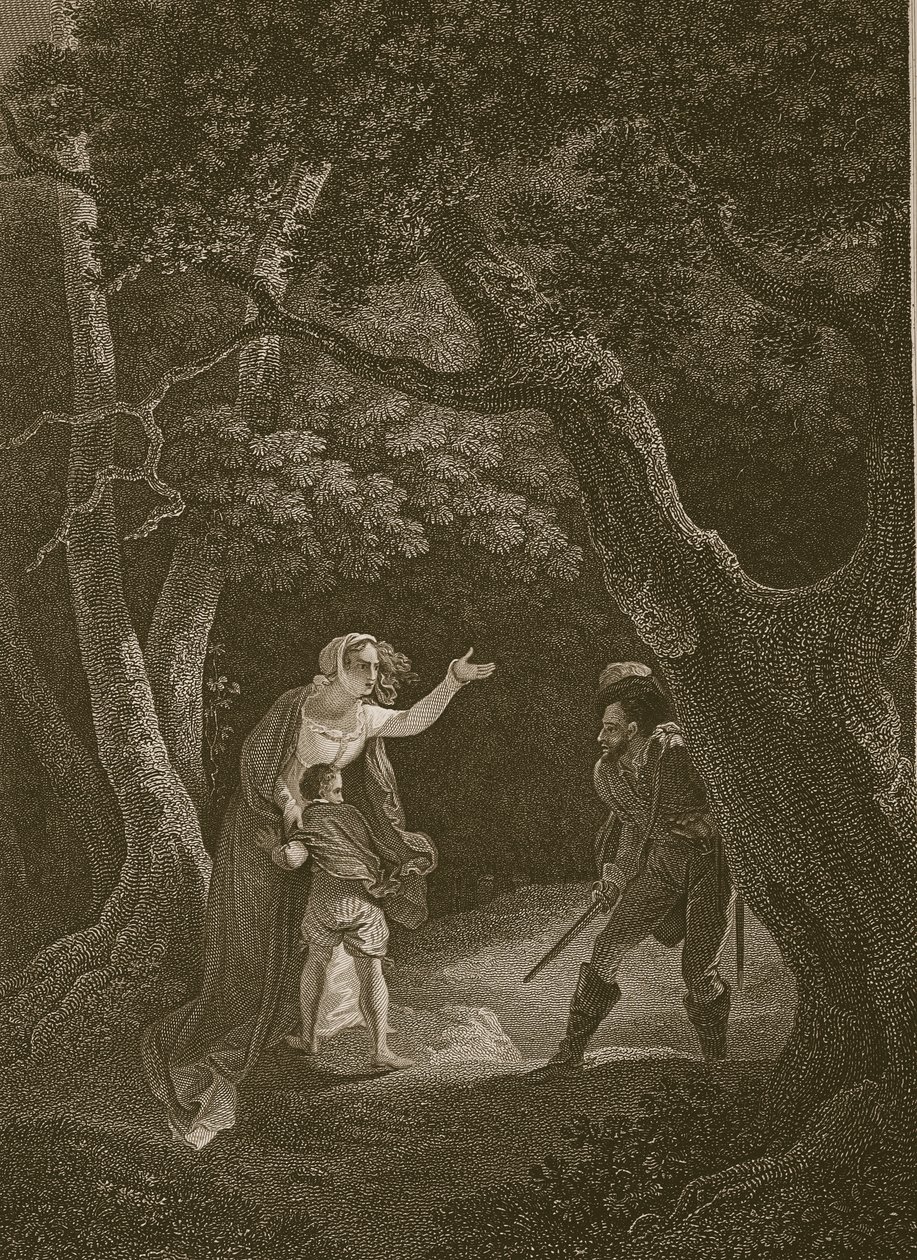 Königin Margarete von einem Räuber angegriffen, graviert von J. Landseer, Illustration aus David Humes 