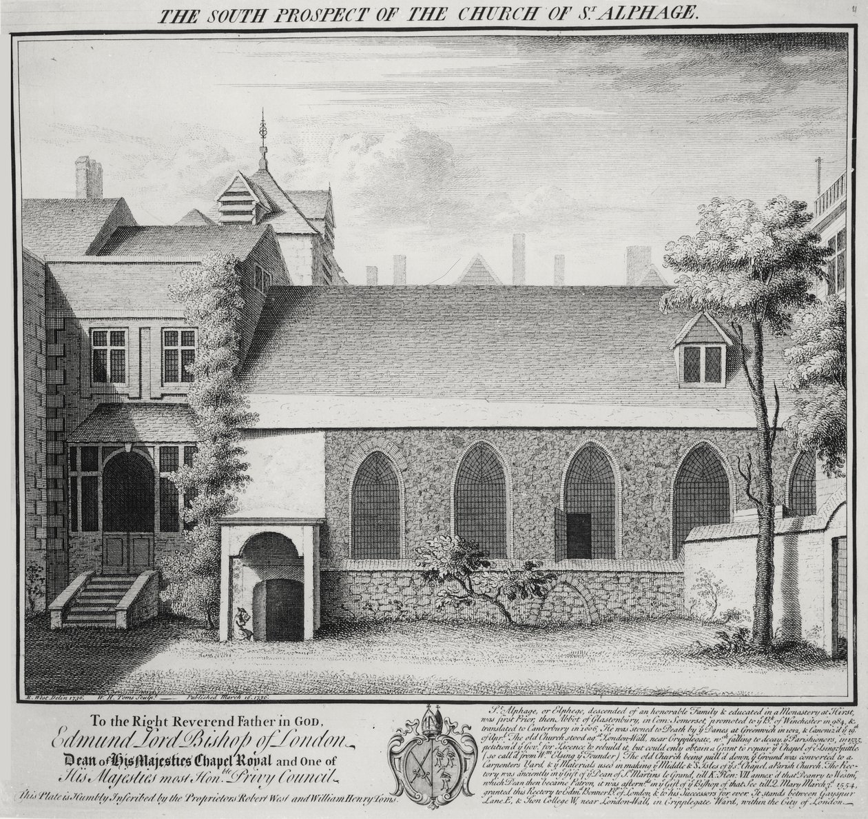 Die Südansicht der Kirche von St. Alphage, graviert von William Henry Toms, 1736 von Robert West