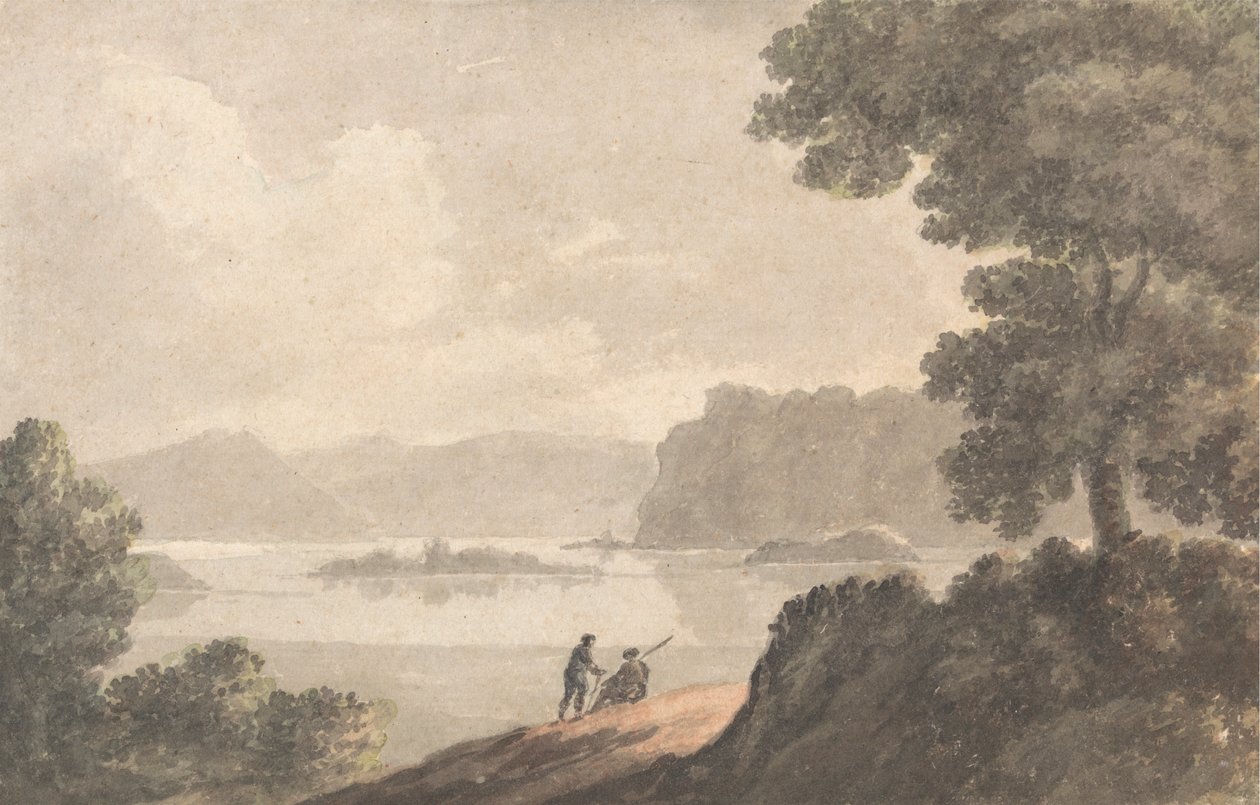 Figuren in einer romantischen Landschaft am See von Robert Adam