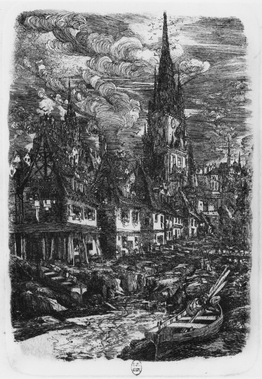 Fischereihafen mit spitzem Kirchturm, 1860 von Rodolphe Bresdin