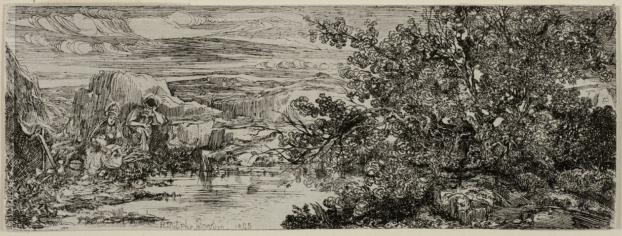 Die Heilige Familie an einem Teich von Rodolphe Bresdin