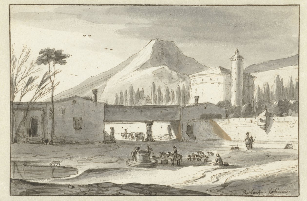 Gebirgige, italienische Landschaft mit einer Rotundenkirche von Roelant Roghman