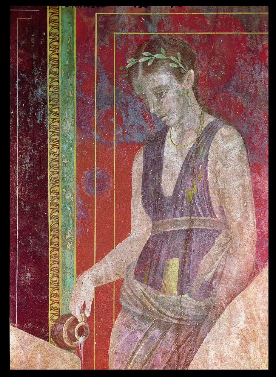 Diener gießt Flüssigkeit aus einem Krug, Nordwand, Oecus 5 (Detail) von Roman