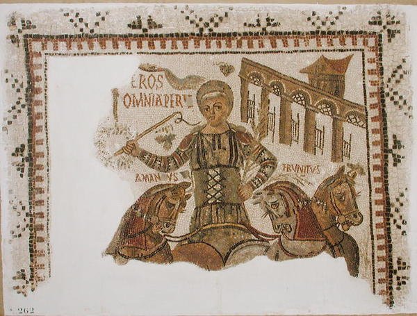 Pflaster, das den Wagenlenker Eros auf seinem Quadriga darstellt, aus Dougga, Tunesien von Roman
