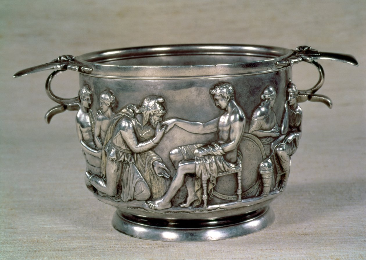 Römischer silbervergoldeter Trinkbecher, der König Priamos von Troja zeigt, wie er Achilles um die Rückgabe des Körpers seines Sohnes Hektor bittet, gefunden in einem Häuptlingsgrab in Hoby, Dänemark, 1. Jahrhundert v. Chr. von Roman