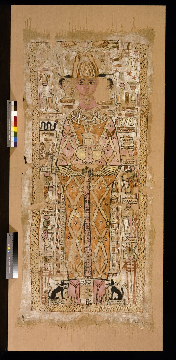 Leichentuch, das den Verstorbenen, einen Mann namens Nespatawi, als Osiris darstellt, flankiert von begleitenden Göttern und Symbolen von Roman