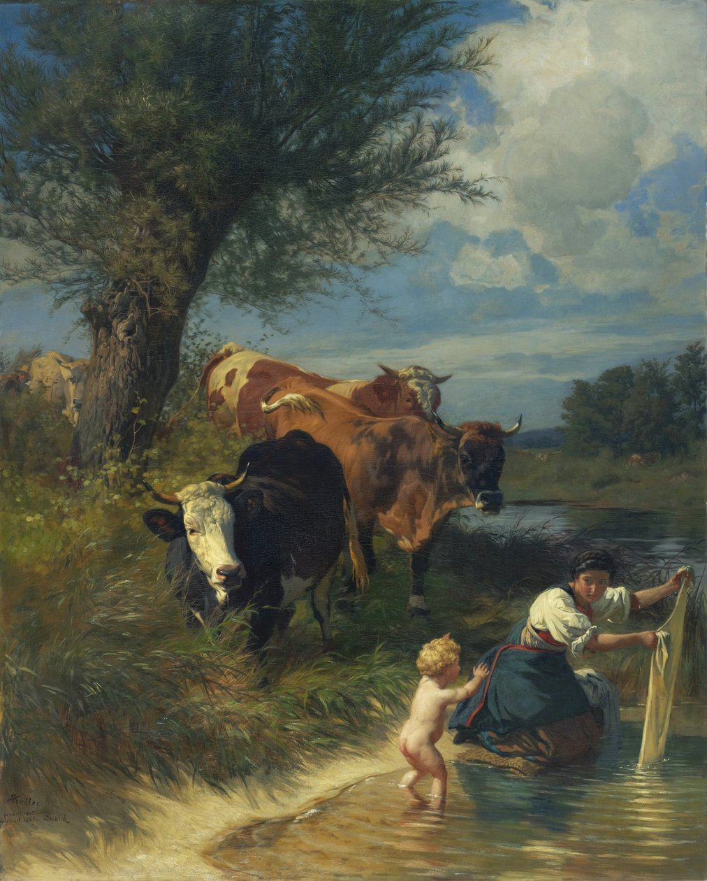 Kühe und Wäscherin am Bach von Rudolf Koller