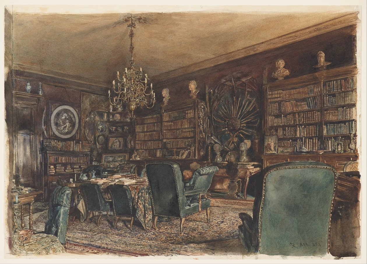 Die Bibliothek in der Wohnung von Graf Lanckoronski in Wien, Riemergasse 8 von Rudolf von Alt