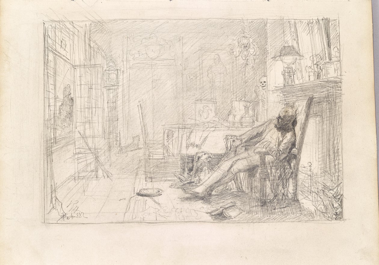 Mann in Fauteuil und Tod bei Türe von Rudolf Hausleithner