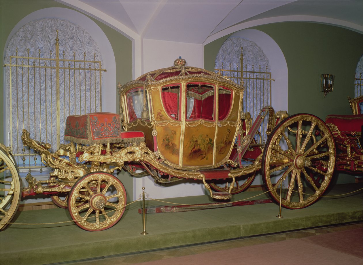 Berliner Kutsche von Kaiserin Katharina II., Holz, geprägte Bronze, Schnitzerei und Vergoldung auf Gesso-Grund, bemalte Tafeln, St. Petersburg, 1769 von Russian School